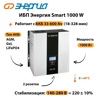 ИБП Энергия Smart 1000W - ИБП и АКБ - Энергия ИБП Smart - . Магазин оборудования для автономного и резервного электропитания Ekosolar.ru в Братске